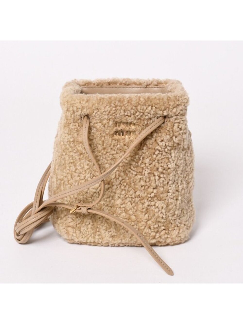 Miu Miu Sheepskin Drawstring Shoulder Bag Fleece Beige Gold